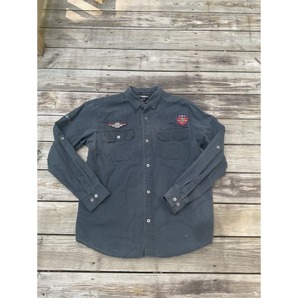 Harley Davidson Button Up Shirt Mens Large Washed Black Patch Motorcycles